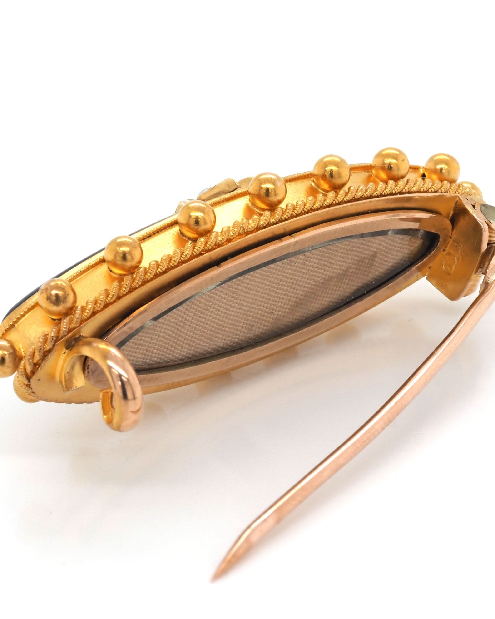 Ogden of Harrogate Jewellery 9ct Yellow Gold and Black Enamel Pearl-Set Oval Mourning Brooch, c.1900