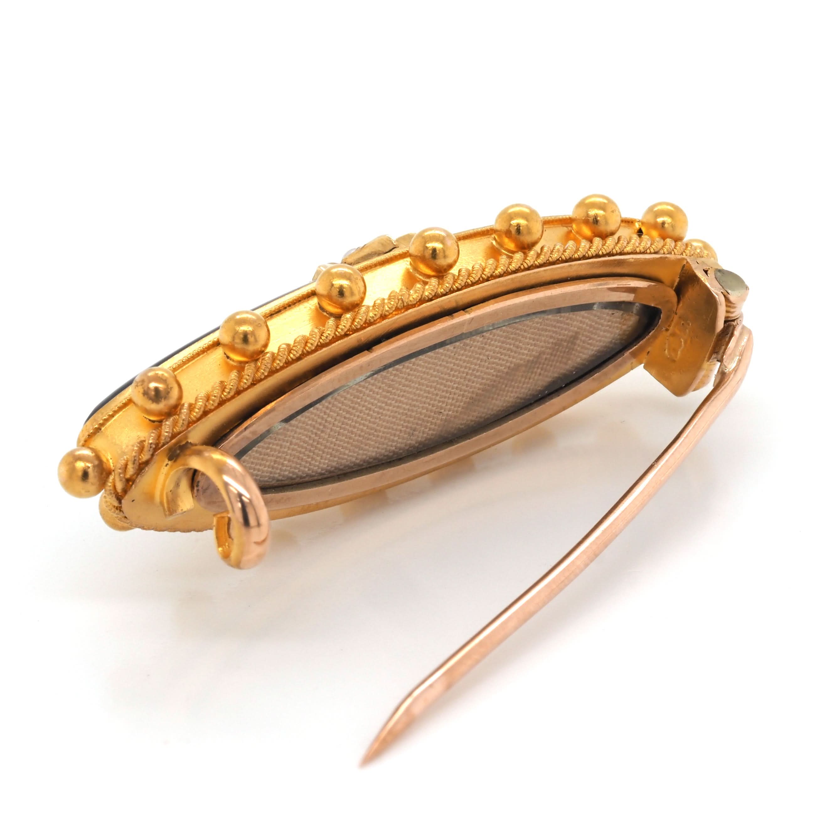 Ogden of Harrogate Jewellery 9ct Yellow Gold and Black Enamel Pearl-Set Oval Mourning Brooch, c.1900