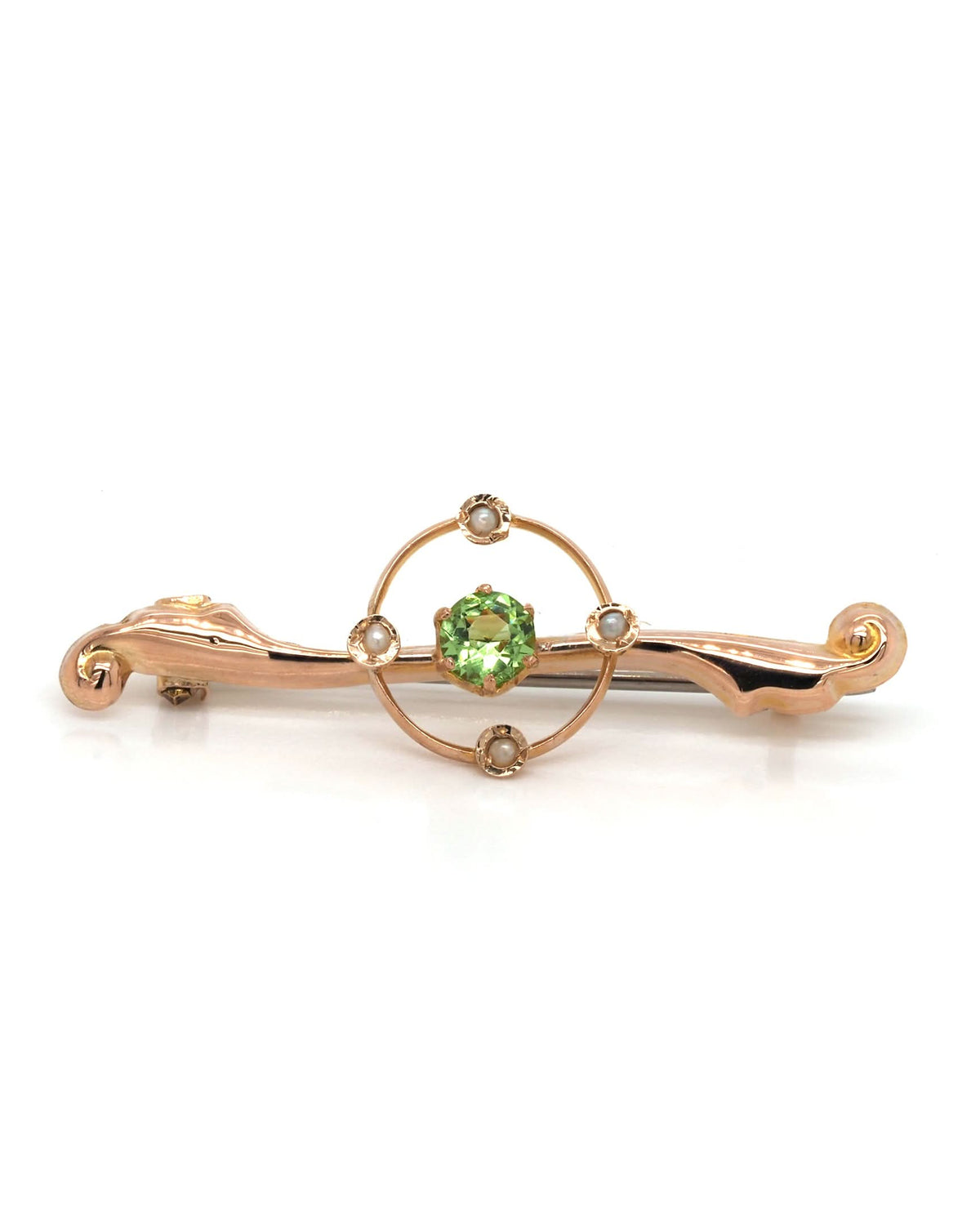 Ogden of Harrogate Jewellery 9ct Yellow Gold Peridot and Pearl Fancy Bar Brooch
