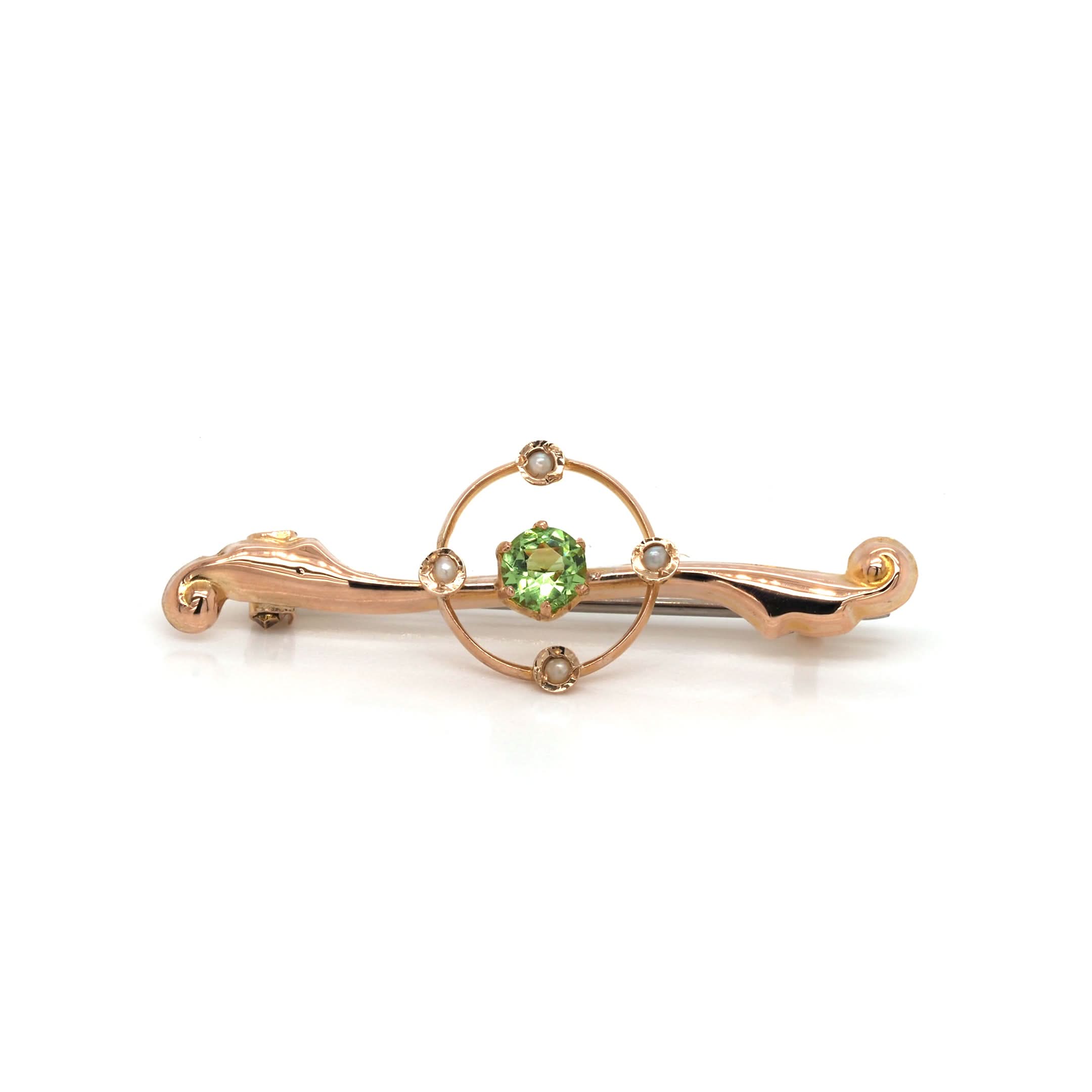 Ogden of Harrogate Jewellery 9ct Yellow Gold Peridot and Pearl Fancy Bar Brooch