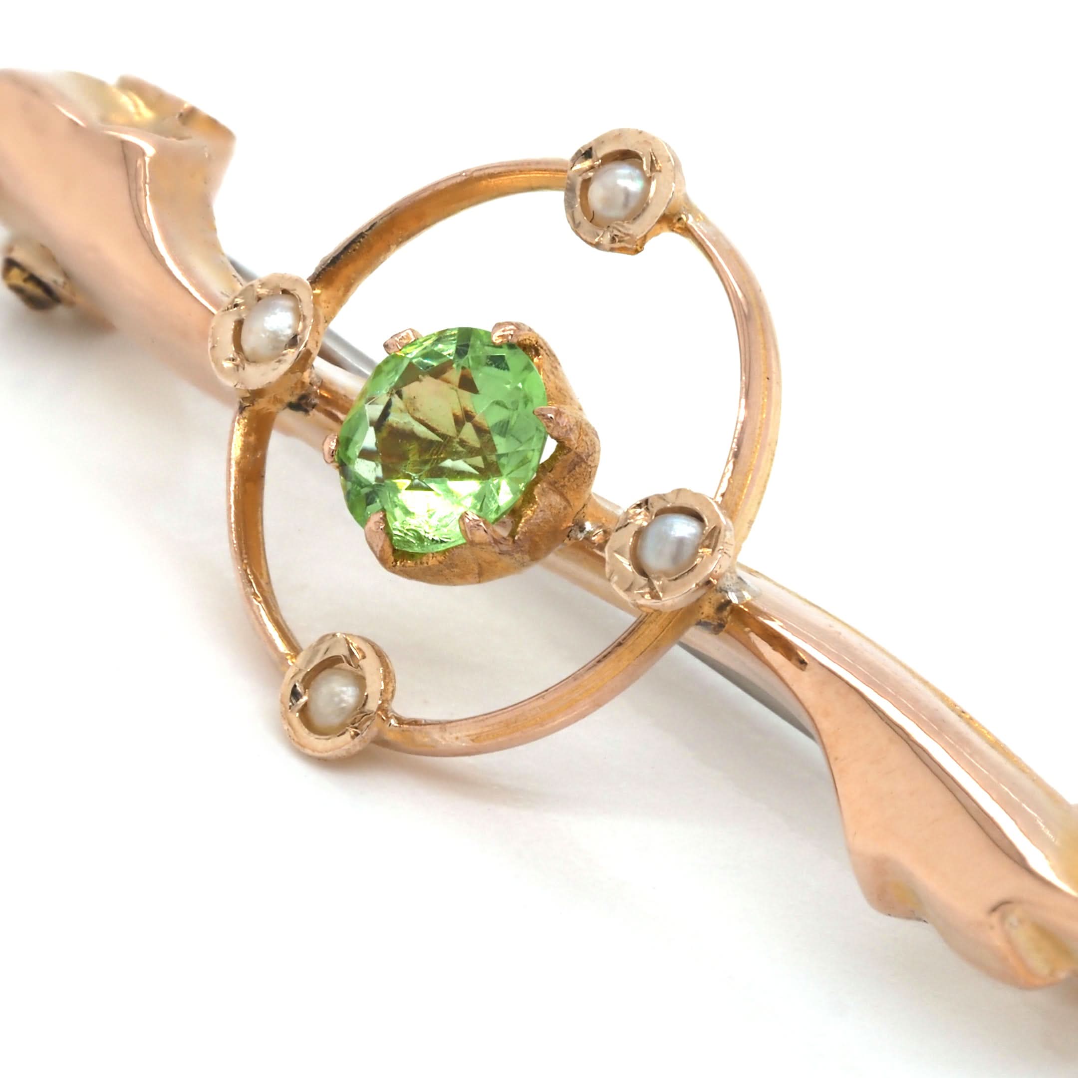 Ogden of Harrogate Jewellery 9ct Yellow Gold Peridot and Pearl Fancy Bar Brooch