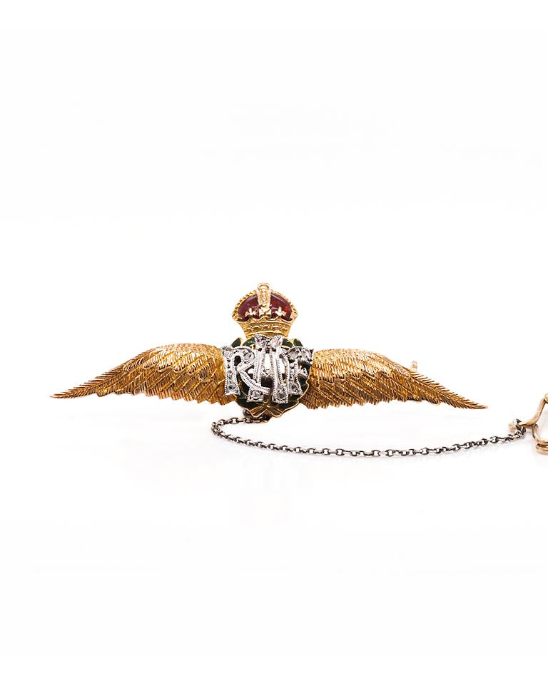 Ogden of Harrogate Jewellery 9ct Yellow Gold RAF Brooch – Diamond and Enamel Detail with Safety Chain
