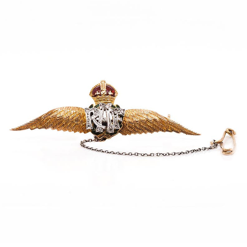 Ogden of Harrogate Jewellery 9ct Yellow Gold RAF Brooch – Diamond and Enamel Detail with Safety Chain