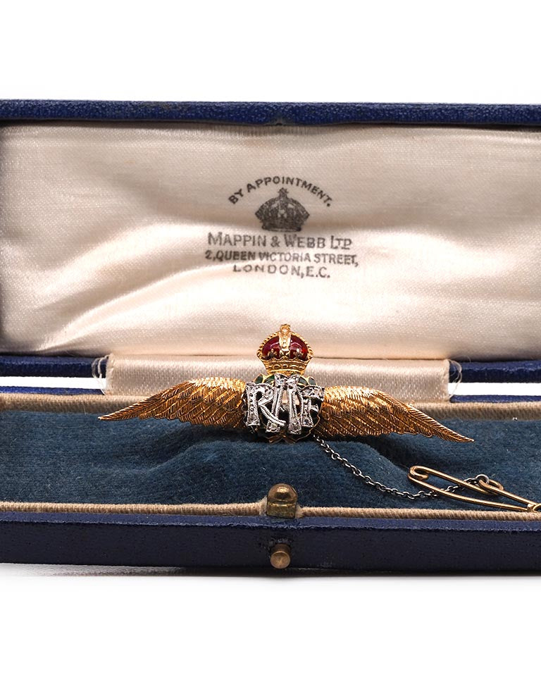 Ogden of Harrogate Jewellery 9ct Yellow Gold RAF Brooch – Diamond and Enamel Detail with Safety Chain