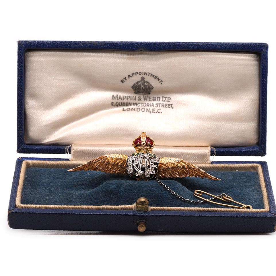 Ogden of Harrogate Jewellery 9ct Yellow Gold RAF Brooch – Diamond and Enamel Detail with Safety Chain