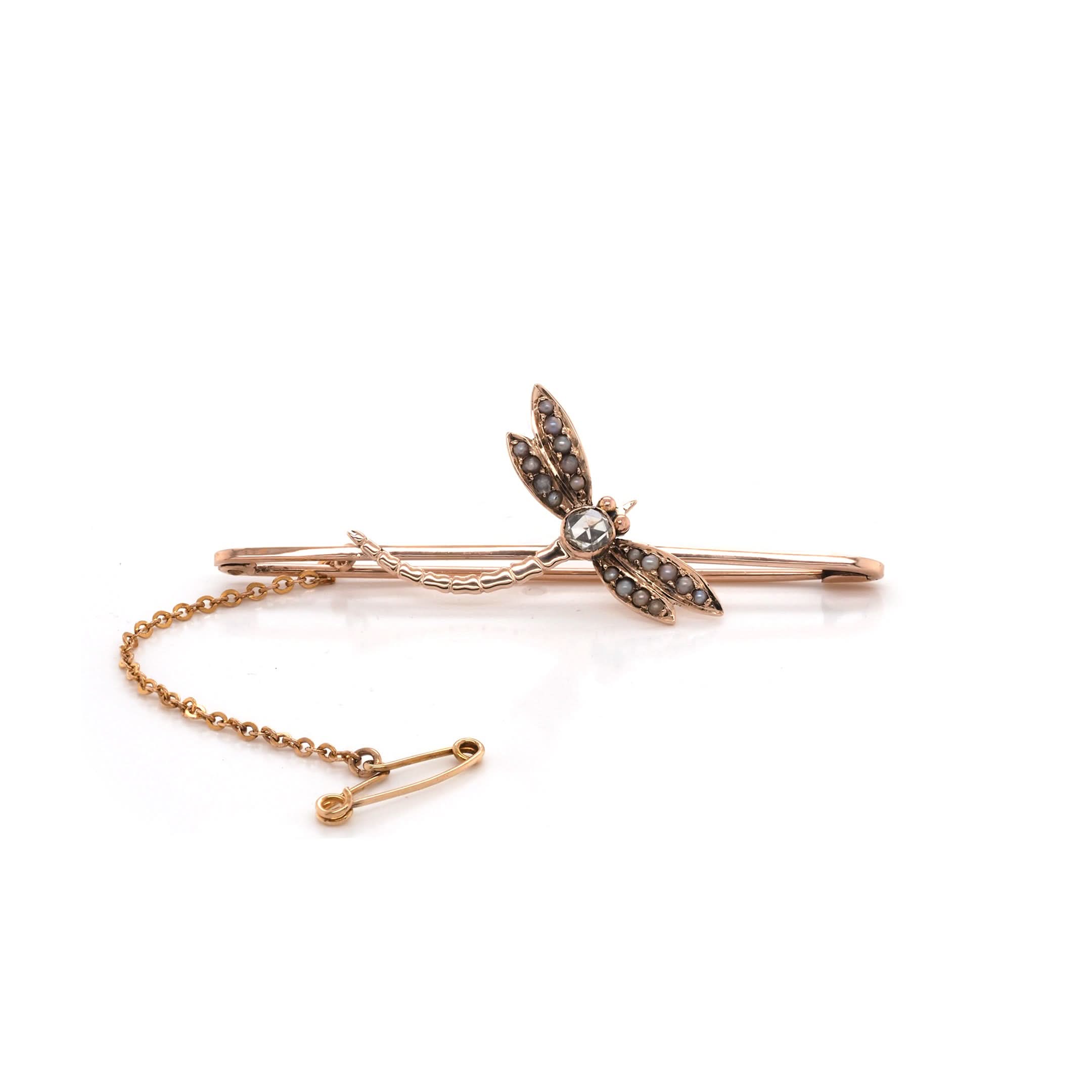Ogden of Harrogate Jewellery 9ct Yellow Gold Rose-Cut Diamond and Pearl-Set Dragonfly Bar Brooch