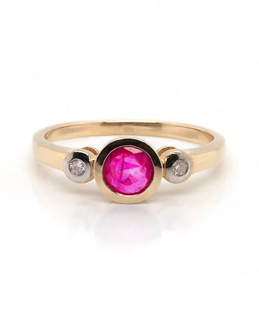 Ogden of Harrogate Jewellery 9ct Yellow Gold Ruby and Diamond 3 Stone Ring