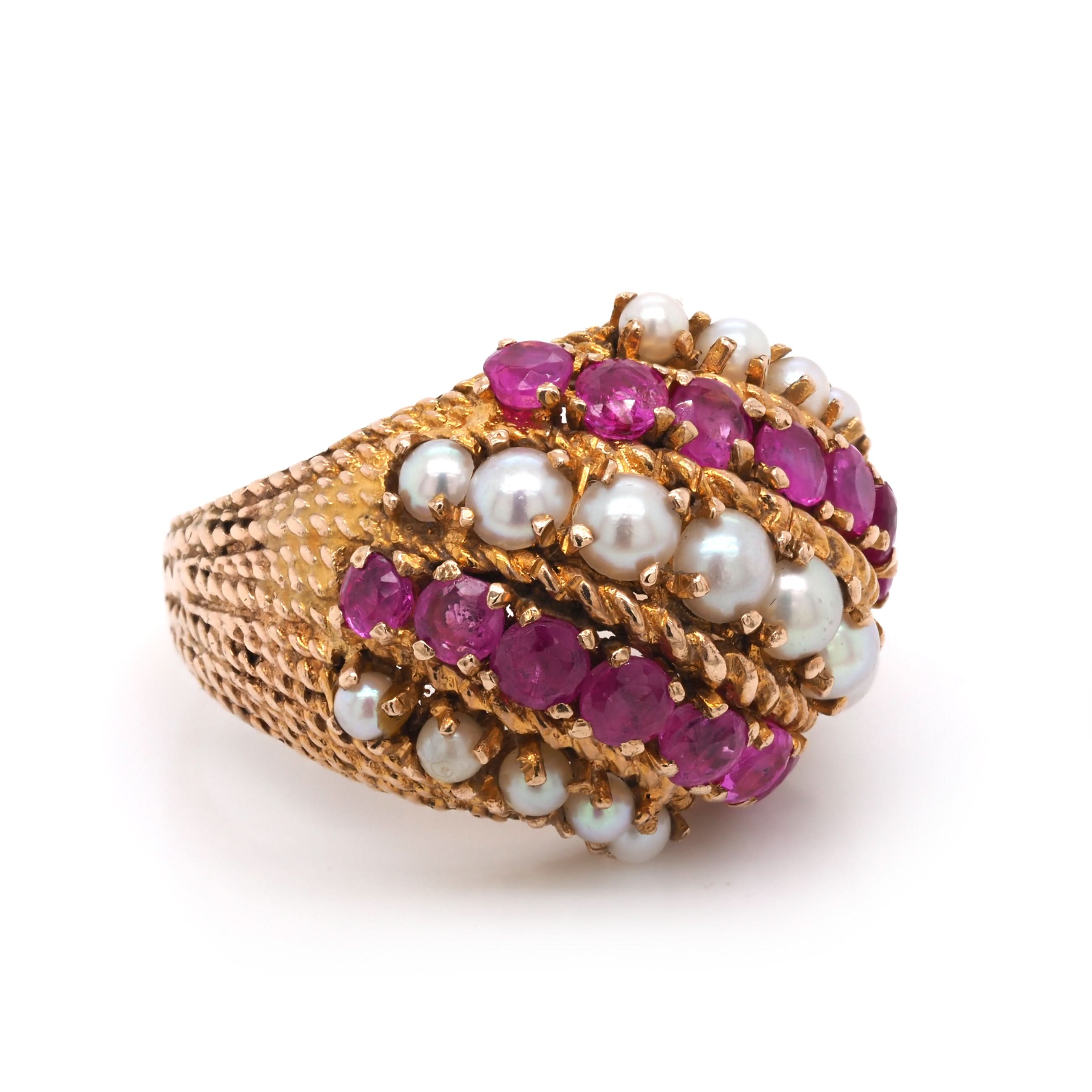 Ogden of Harrogate Jewellery 9ct Yellow Gold Ruby and Pearl Bombe Ring