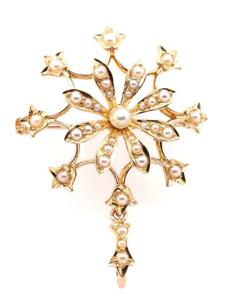 Ogden of Harrogate Jewellery 9ct Yellow Gold Star/Flower Shaped Pearl Pendant/Brooch – Circa 1910