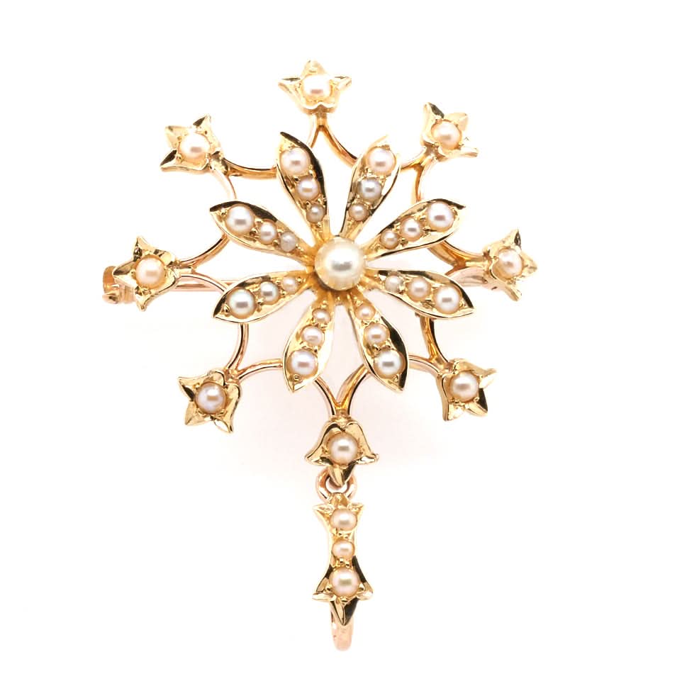 Ogden of Harrogate Jewellery 9ct Yellow Gold Star/Flower Shaped Pearl Pendant/Brooch – Circa 1910