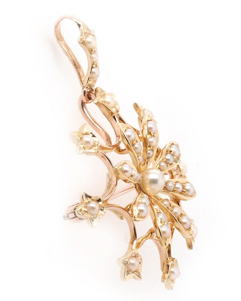Ogden of Harrogate Jewellery 9ct Yellow Gold Star/Flower Shaped Pearl Pendant/Brooch – Circa 1910