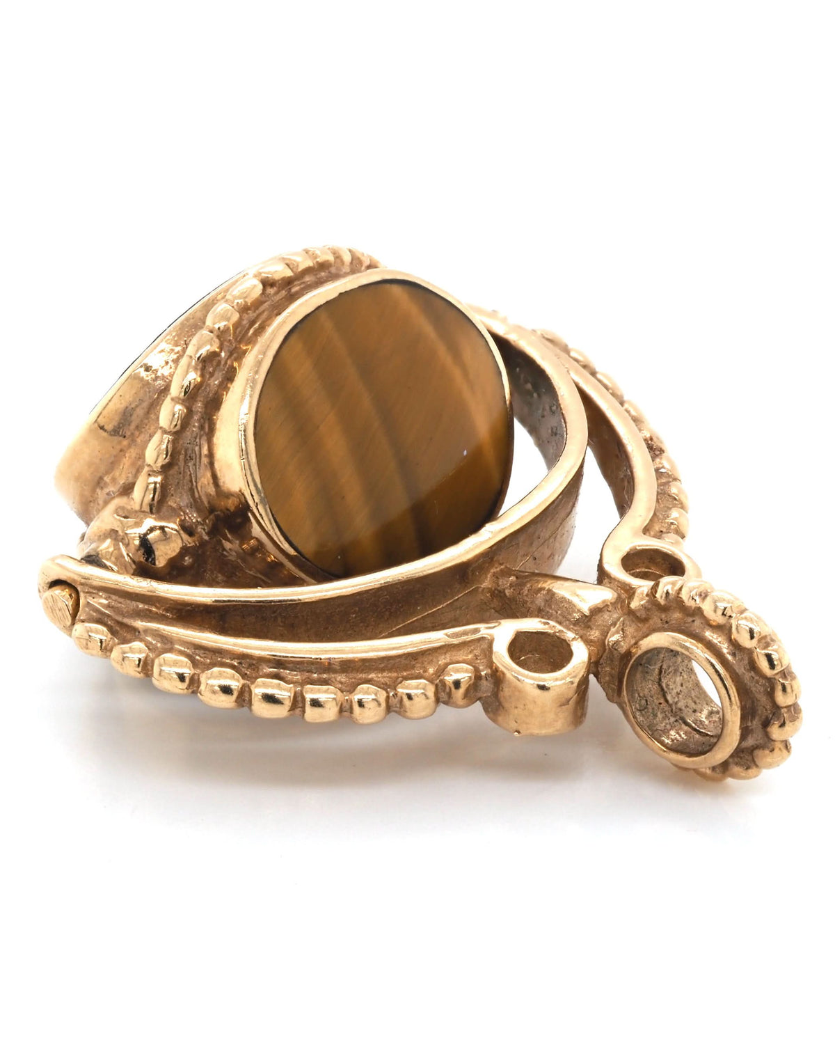 Ogden of Harrogate Jewellery 9ct Yellow Gold Three-Stone Onyx, Carnelian, and Tiger Eye Swivel Fob, c.1982