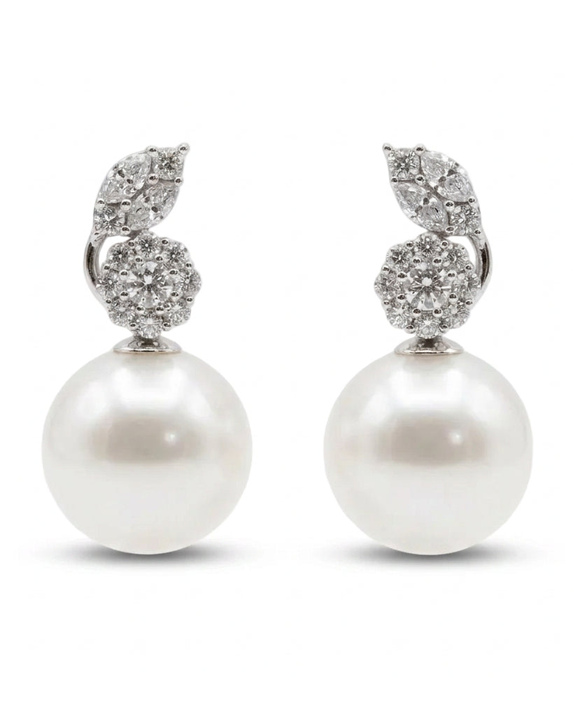 Ogden Of Harrogate Jewellery A Pair of Diamond and South Sea Pearl Drop Earrings in 18ct White Gold