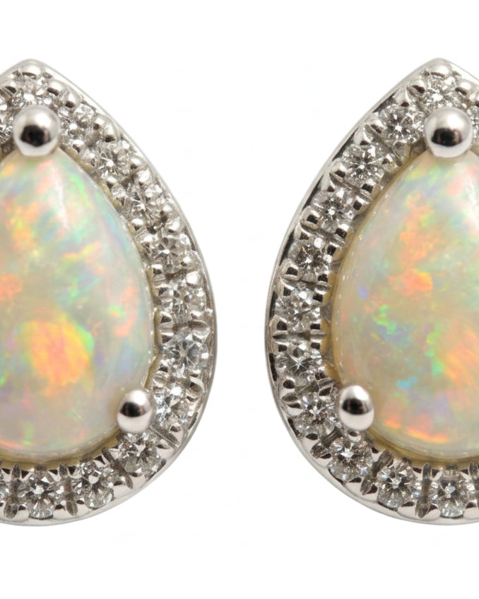 Ogden Of Harrogate Jewellery A Pair of Opal and Diamond Pear Shaped Earrings in 18ct White Gold