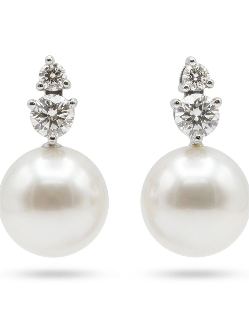 Ogden Of Harrogate Jewellery A Pair of South Sea Pearl and Diamond Drop Earrings in 18ct White Gold