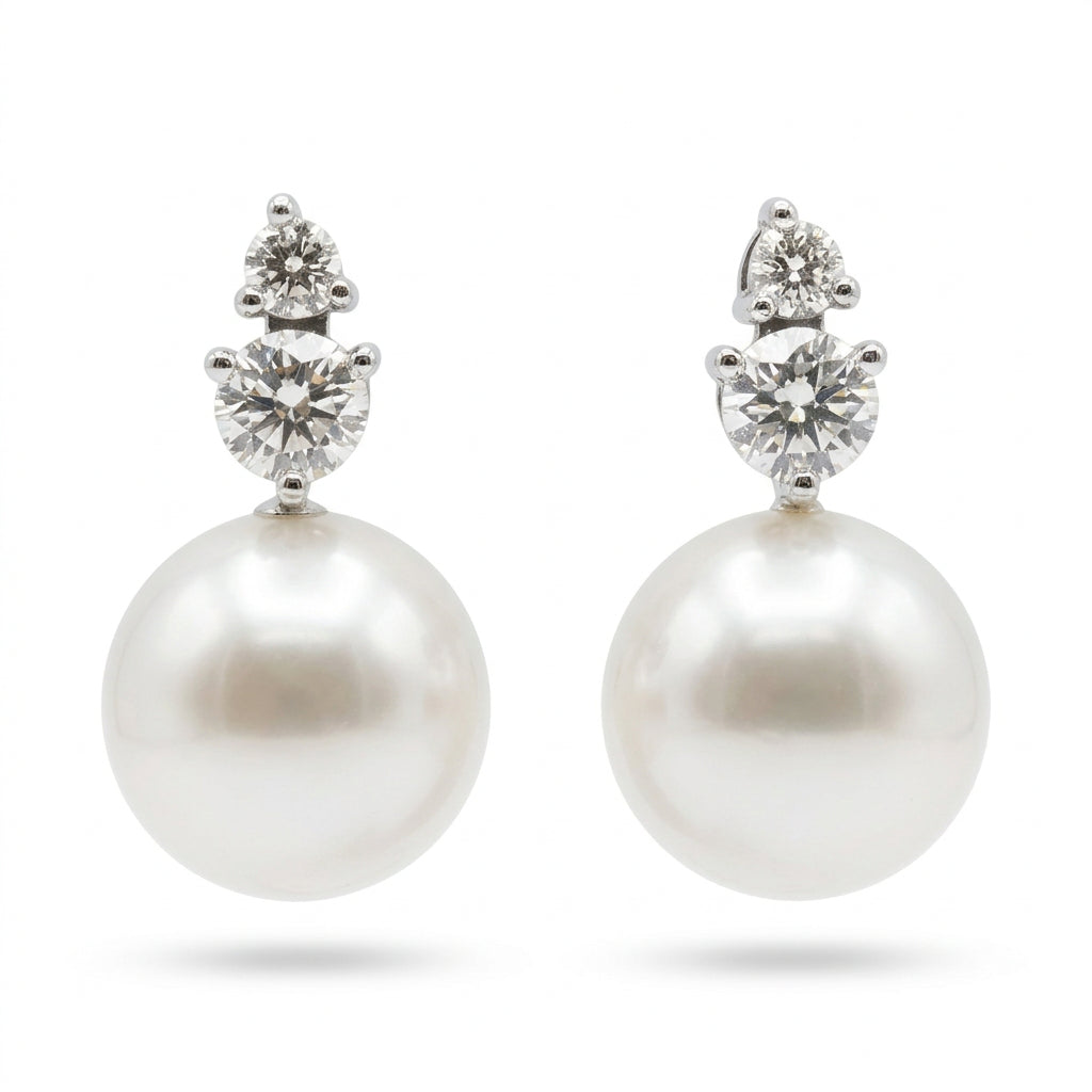 Ogden Of Harrogate Jewellery A Pair of South Sea Pearl and Diamond Drop Earrings in 18ct White Gold