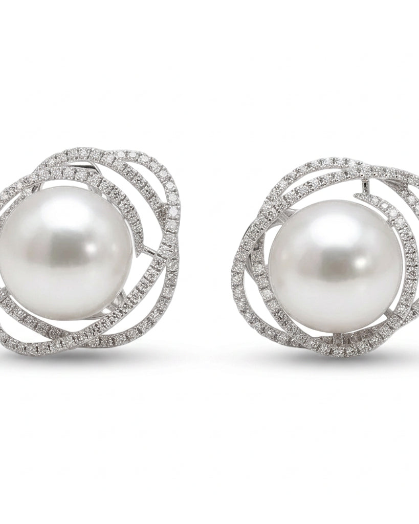 Ogden Of Harrogate Jewellery A Pair of South Sea White Pearls and Diamond Earrings in 18ct White Gold
