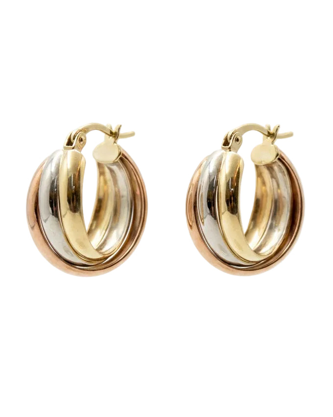 Ogden Of Harrogate Jewellery A Pair Of Three Colour Twisted Hoop Earrings in 9ct Yellow, Rose and White Gold