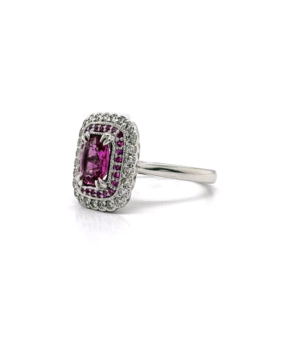 Ogden Of Harrogate Jewellery A Pink Sapphire and Diamond Cluster Ring