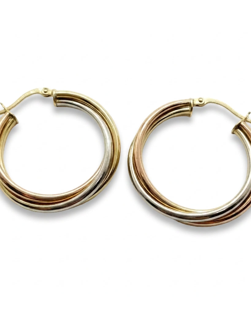 Ogden Of Harrogate Jewellery A Three Coloured Twisted Hoop Earrings in 9ct Yellow, White and Rose Gold