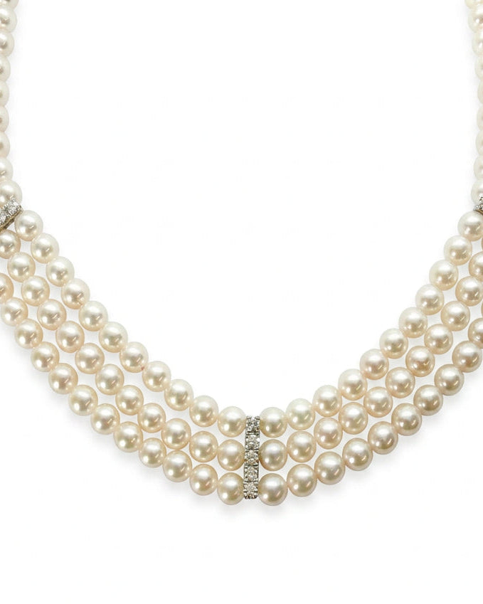 Ogden Of Harrogate Jewellery A Three Row Pearl Choker Style Necklace With three Diamond Set Spacers
