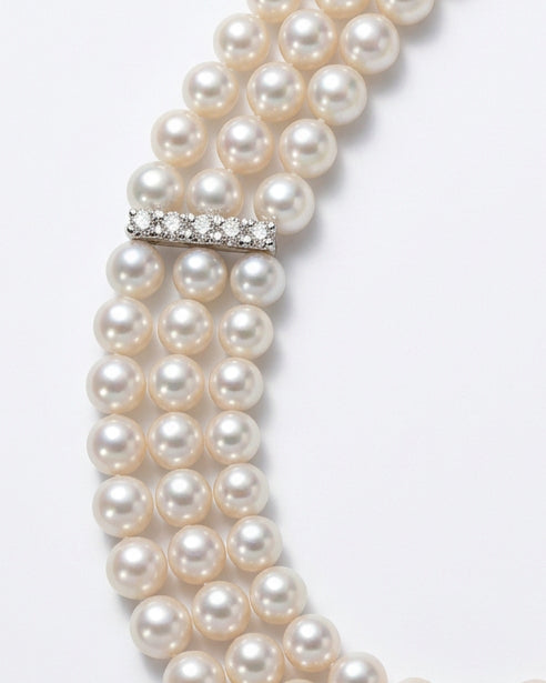 Ogden Of Harrogate Jewellery A Three Row Pearl Choker Style Necklace With three Diamond Set Spacers