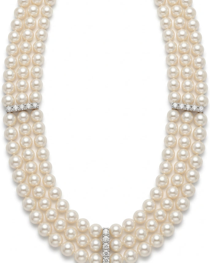 Ogden Of Harrogate Jewellery A Three Row Pearl Choker Style Necklace With three Diamond Set Spacers