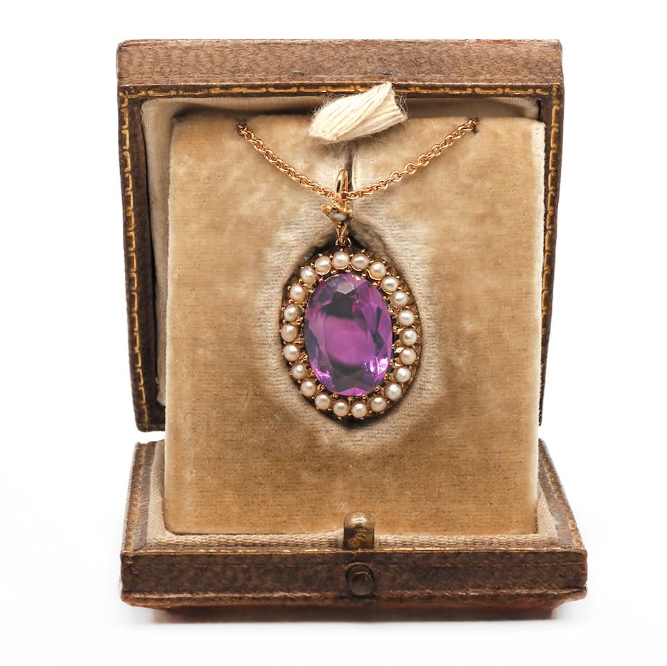 Ogden of Harrogate Jewellery Antique 15ct Yellow Gold Amethyst & Seed Pearl Pendant with 18ct French Chain — Circa 1910