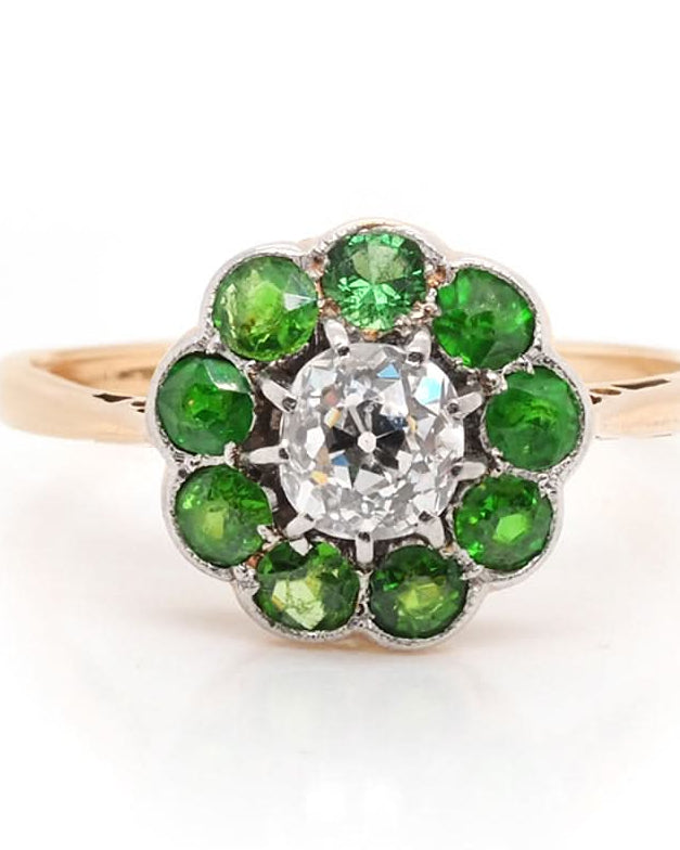 Ogden of Harrogate Jewellery Antique Demantoid Garnet and Old Cut Diamond Cluster Ring – Circa 1910