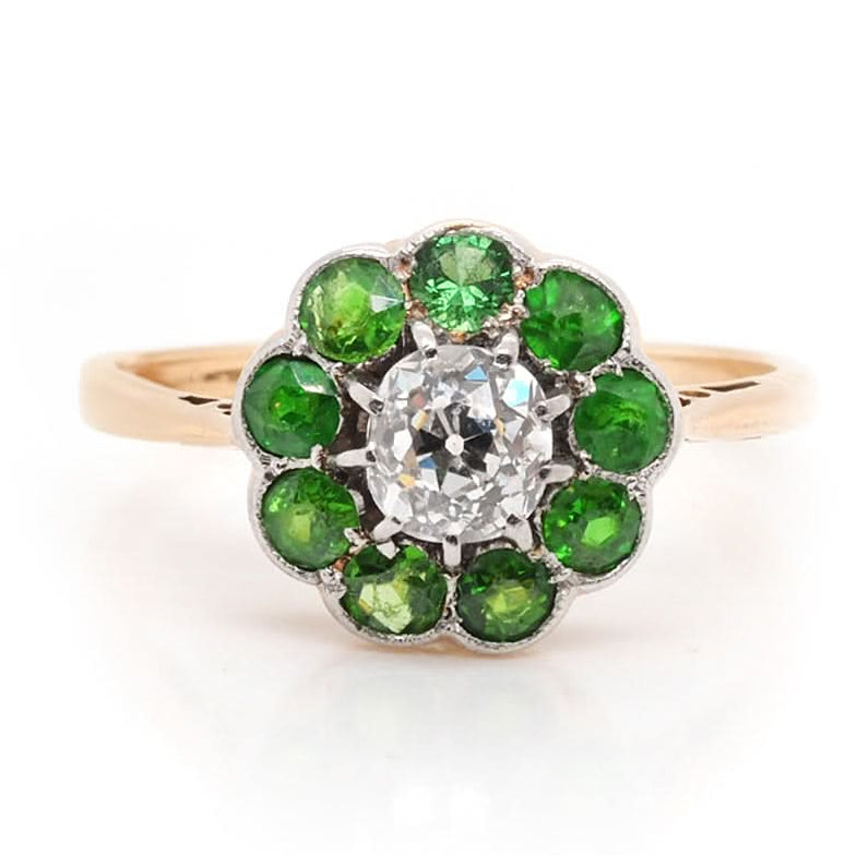 Ogden of Harrogate Jewellery Antique Demantoid Garnet and Old Cut Diamond Cluster Ring – Circa 1910