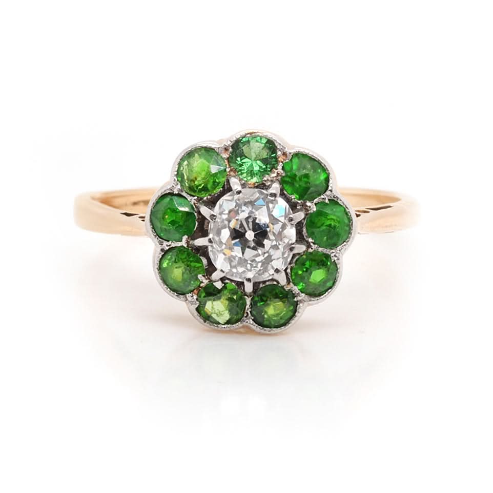 Ogden of Harrogate Jewellery Antique Demantoid Garnet and Old Cut Diamond Cluster Ring – Circa 1910
