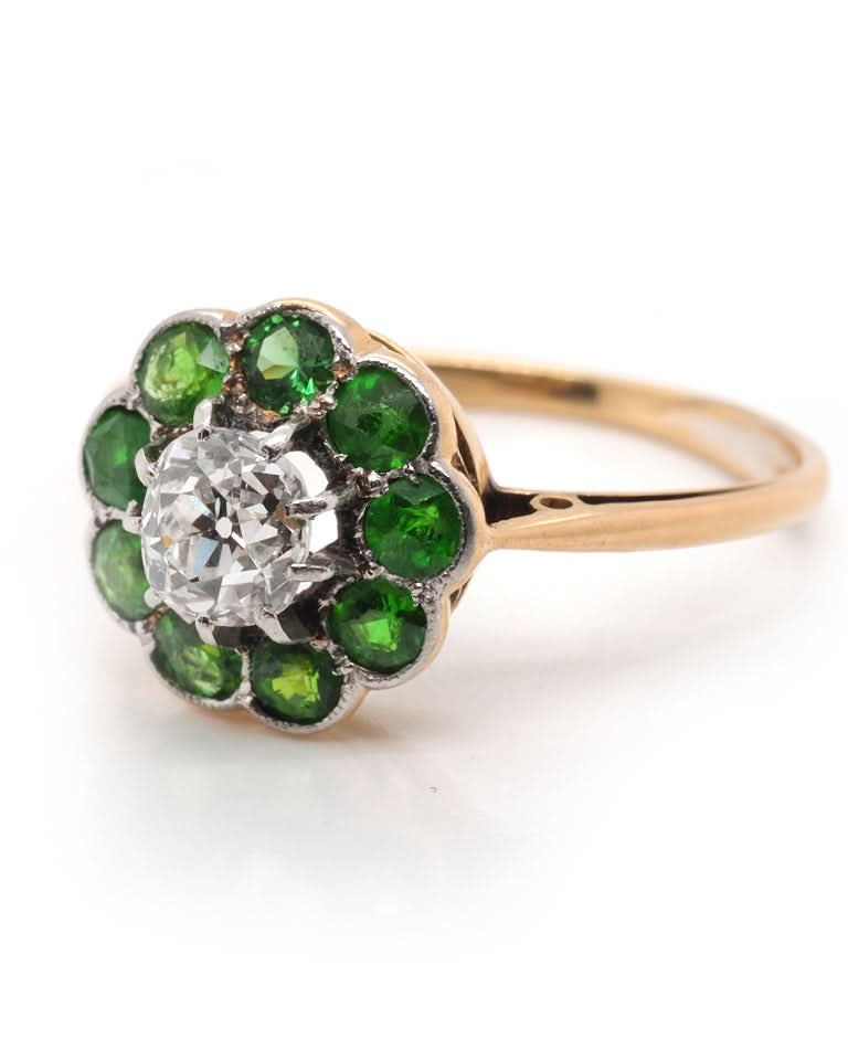 Ogden of Harrogate Jewellery Antique Demantoid Garnet and Old Cut Diamond Cluster Ring – Circa 1910