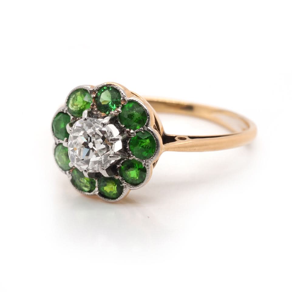 Ogden of Harrogate Jewellery Antique Demantoid Garnet and Old Cut Diamond Cluster Ring – Circa 1910