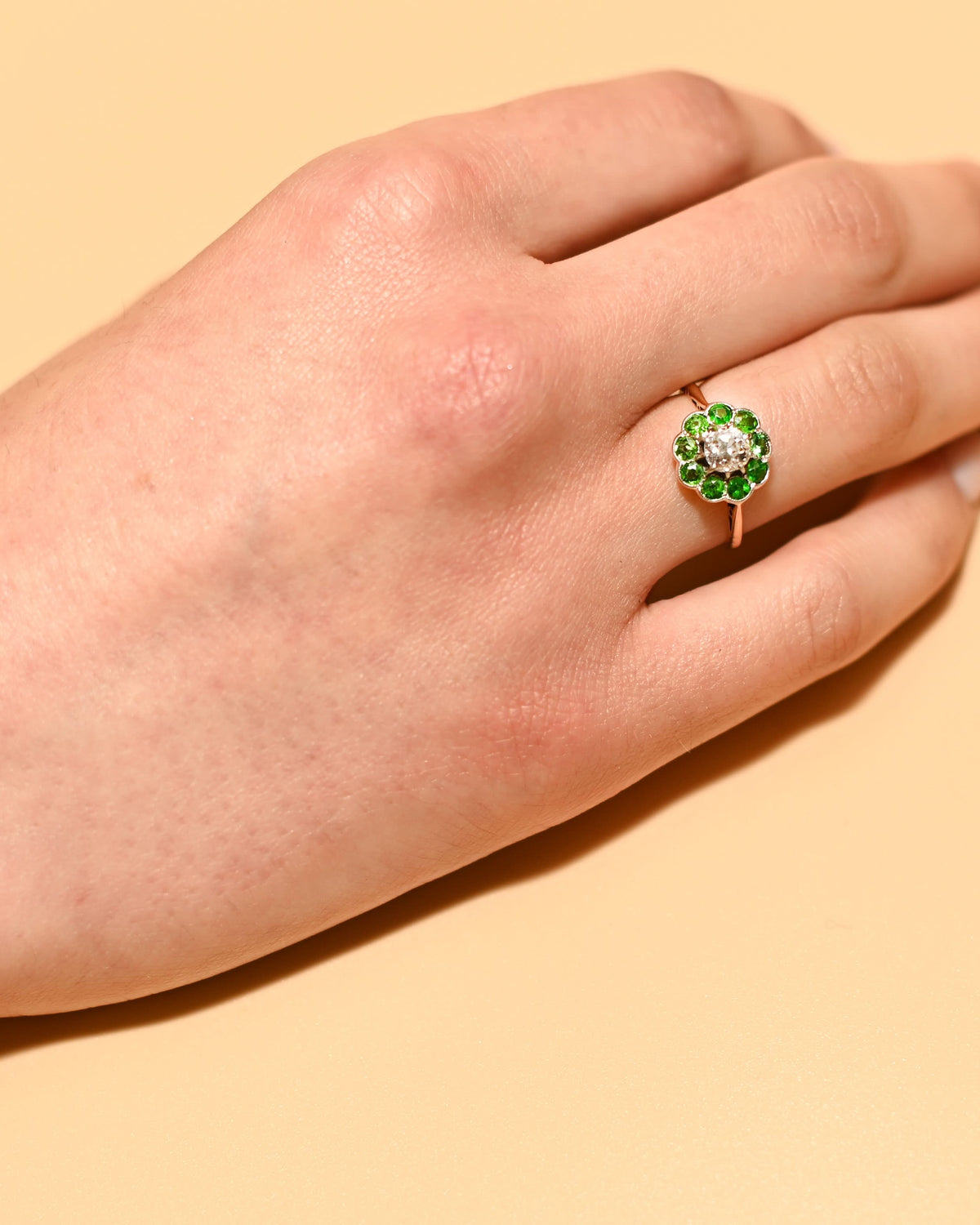 Ogden of Harrogate Jewellery Antique Demantoid Garnet and Old Cut Diamond Cluster Ring – Circa 1910