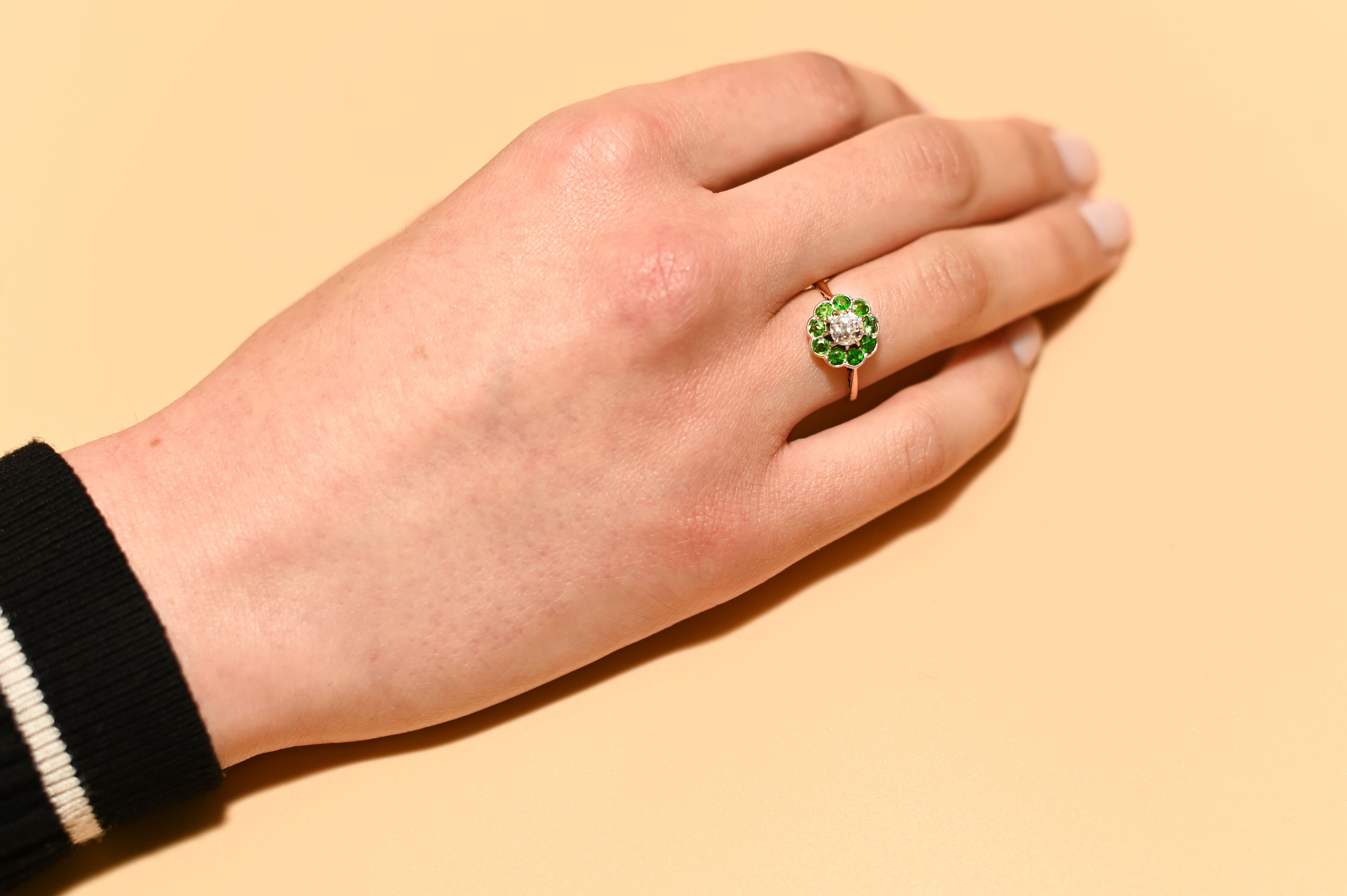 Ogden of Harrogate Jewellery Antique Demantoid Garnet and Old Cut Diamond Cluster Ring – Circa 1910