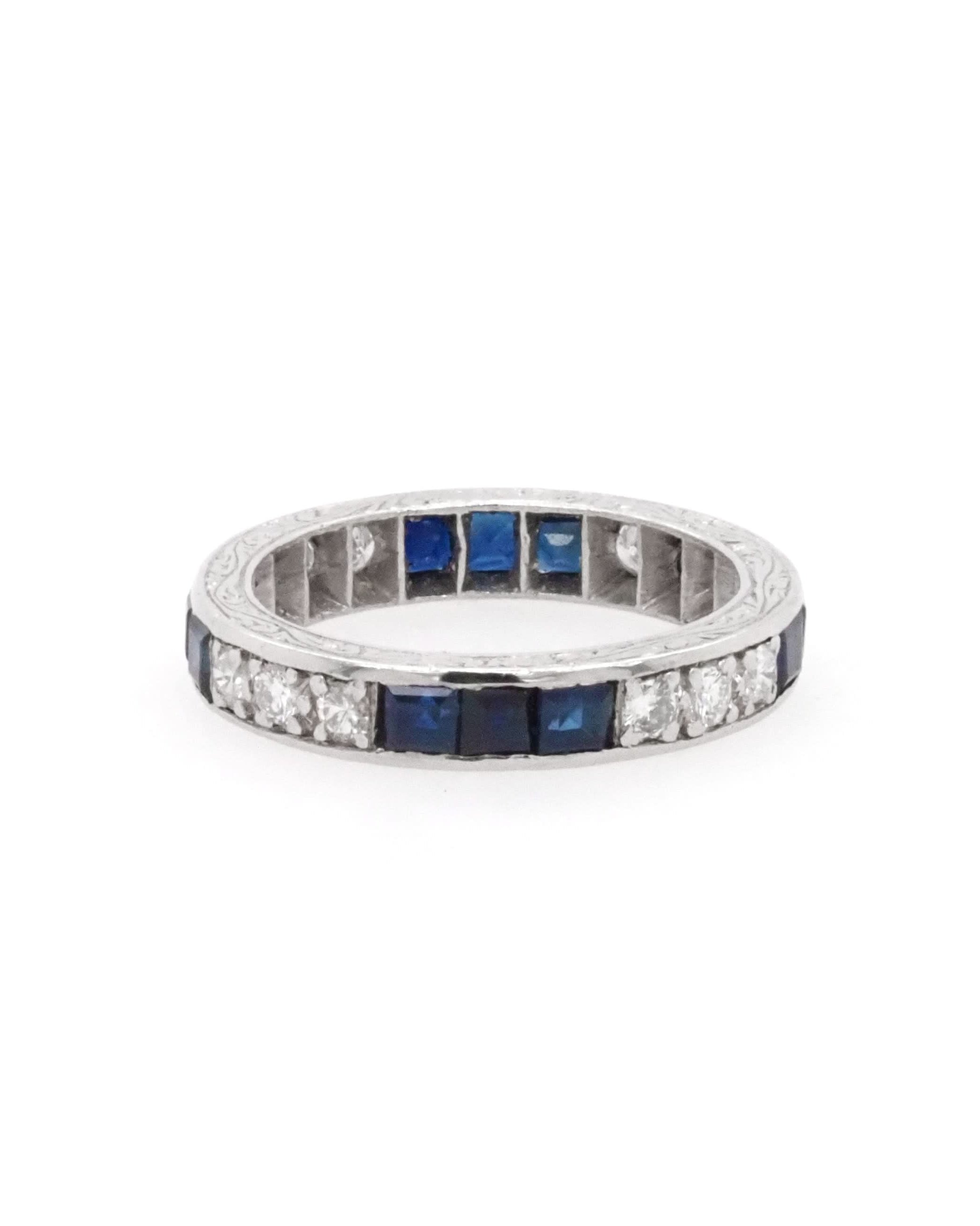 Ogden of Harrogate Jewellery Art Deco Platinum Eternity Ring with Alternate Diamonds and Sapphires