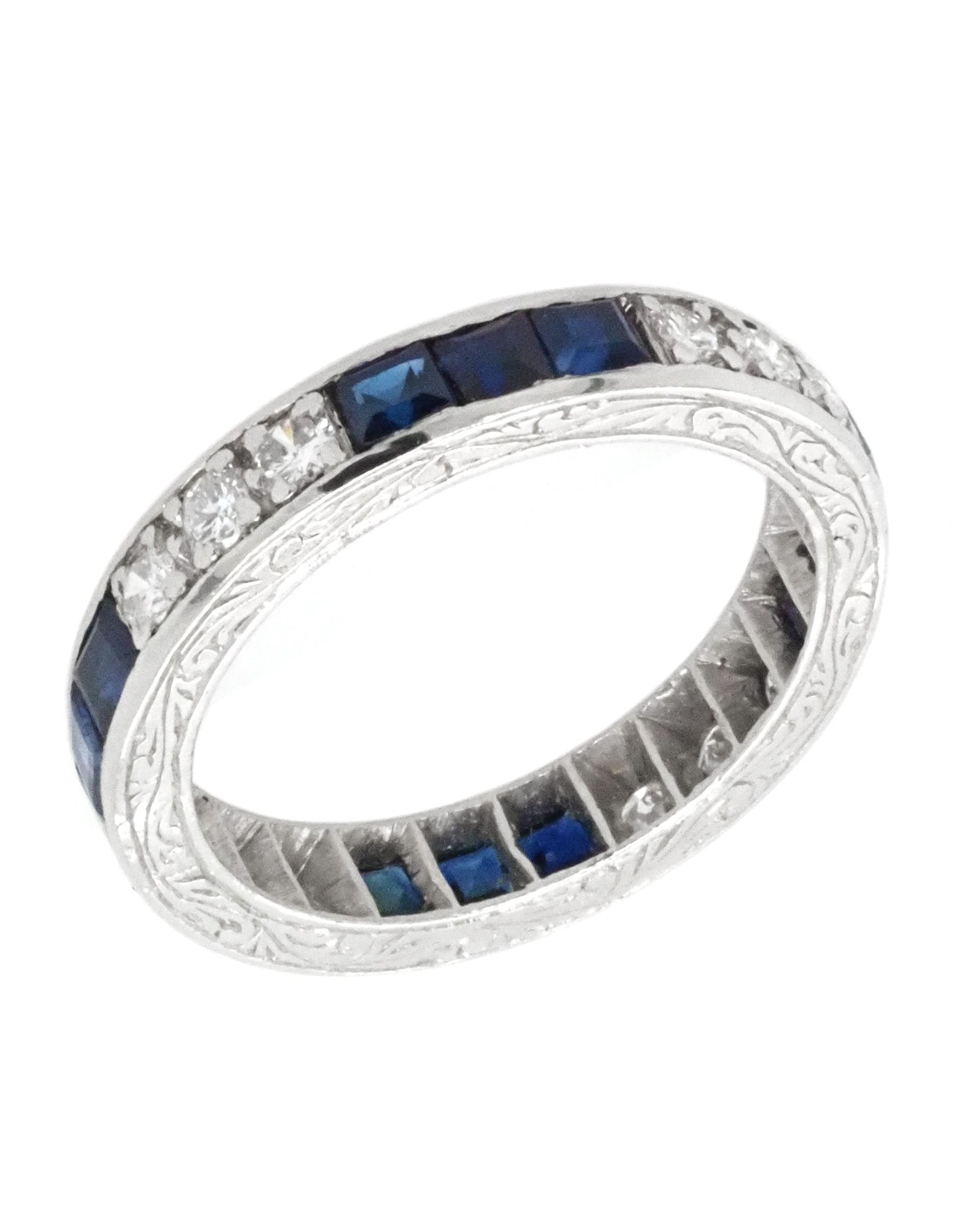 Ogden of Harrogate Jewellery Art Deco Platinum Eternity Ring with Alternate Diamonds and Sapphires