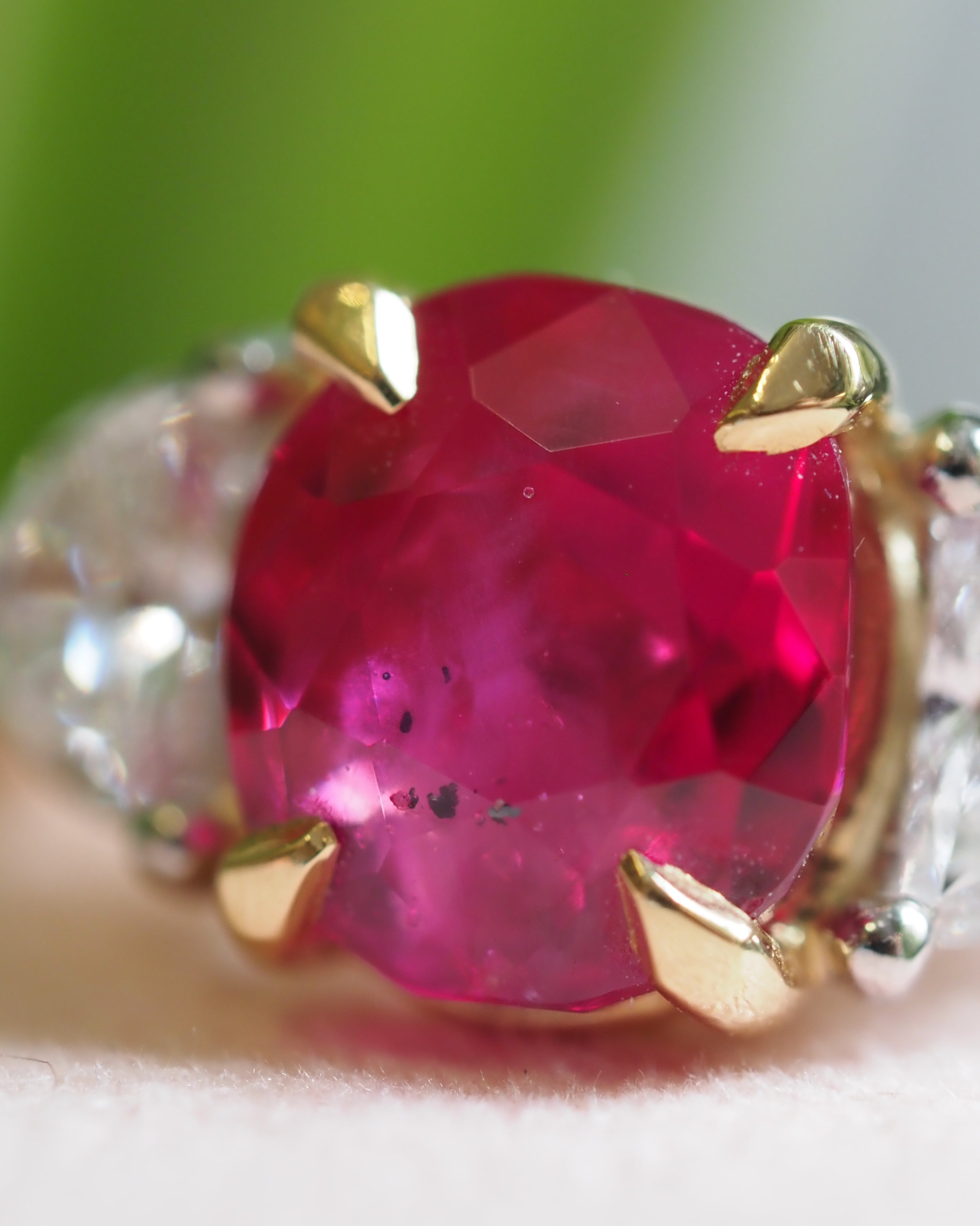 Ogden of Harrogate Jewellery Burmese Ruby and Diamond Three-Stone Ring in 18ct Yellow Gold