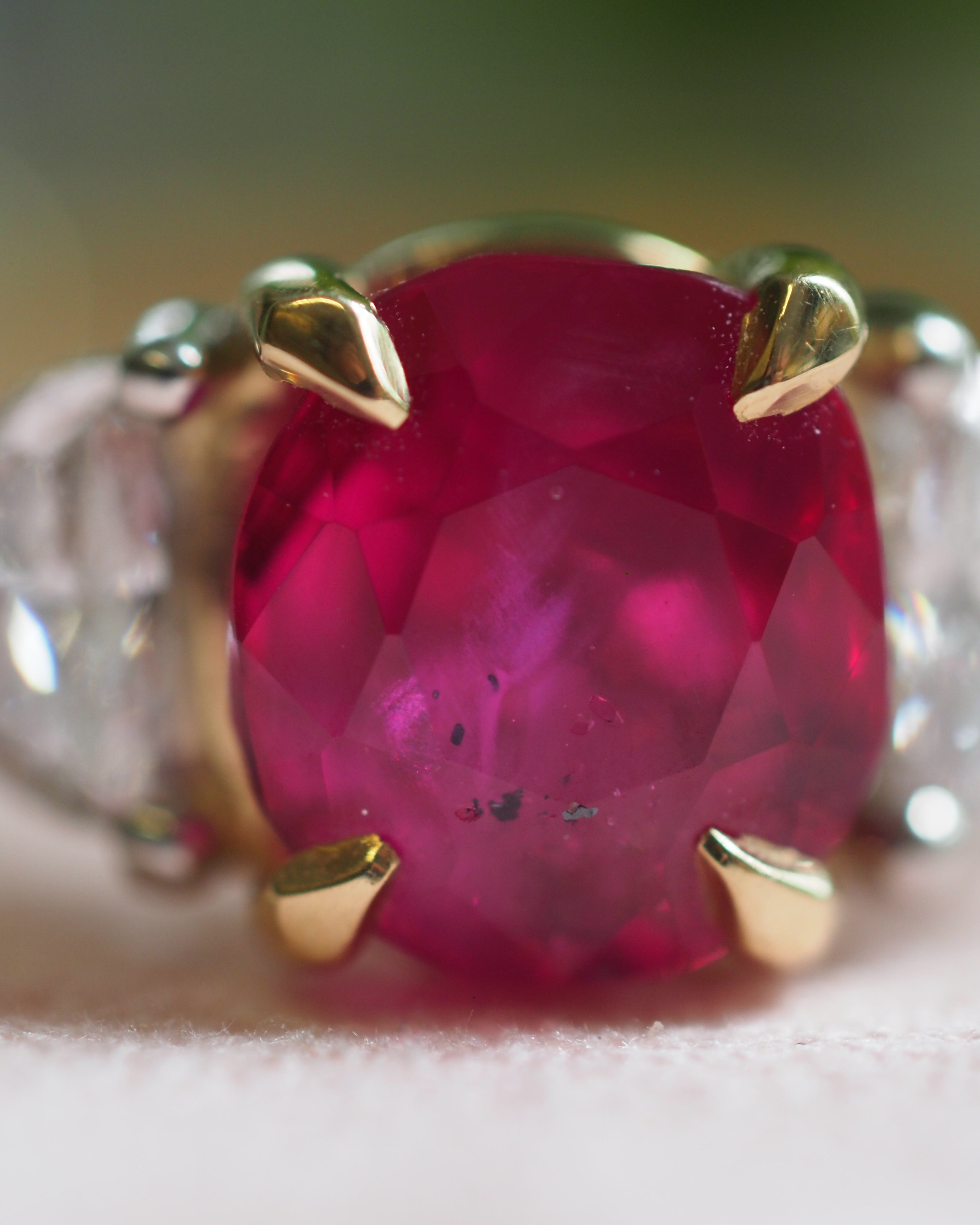 Ogden of Harrogate Jewellery Burmese Ruby and Diamond Three-Stone Ring in 18ct Yellow Gold