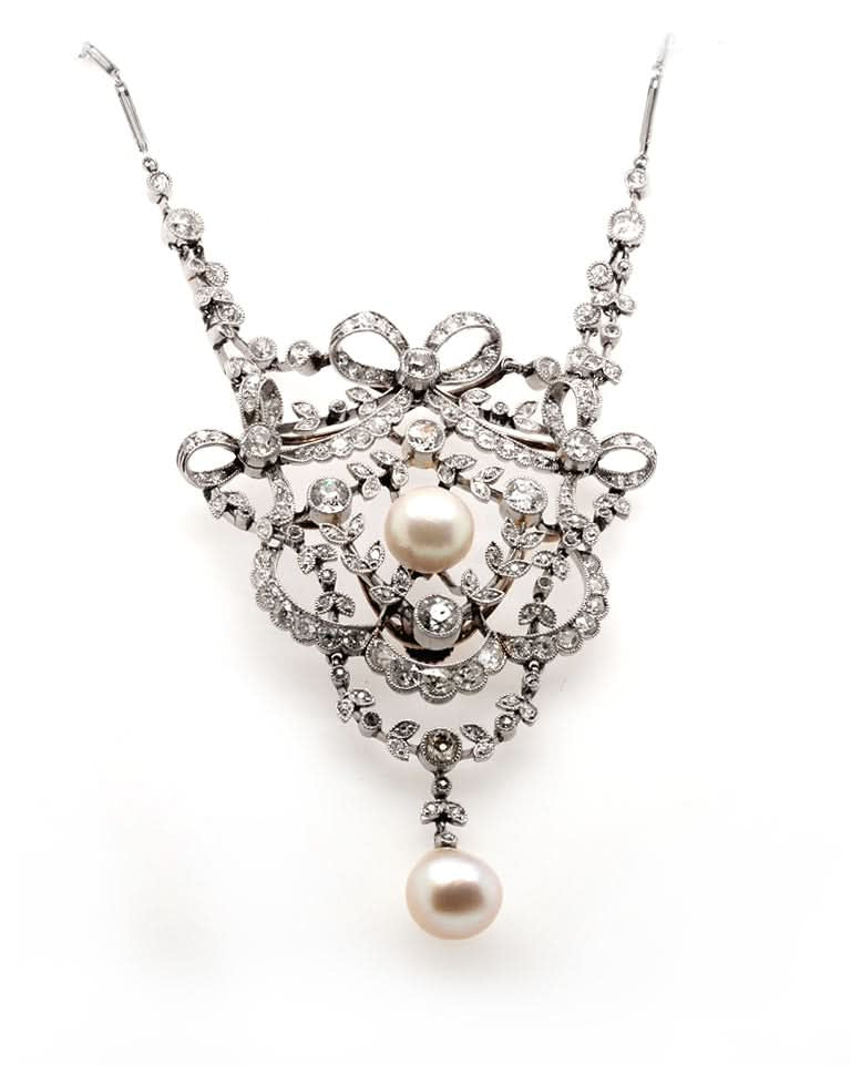 Ogden of Harrogate Jewellery Diamond and Pearl Pendant on Platinum Chain C.1905