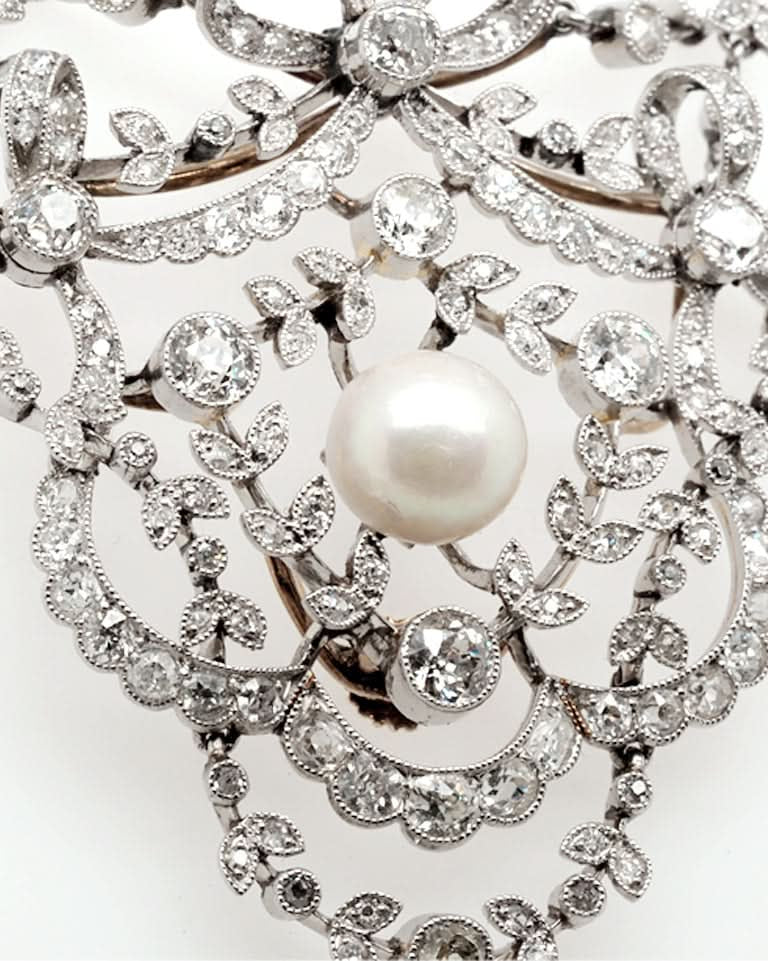 Ogden of Harrogate Jewellery Diamond and Pearl Pendant on Platinum Chain C.1905