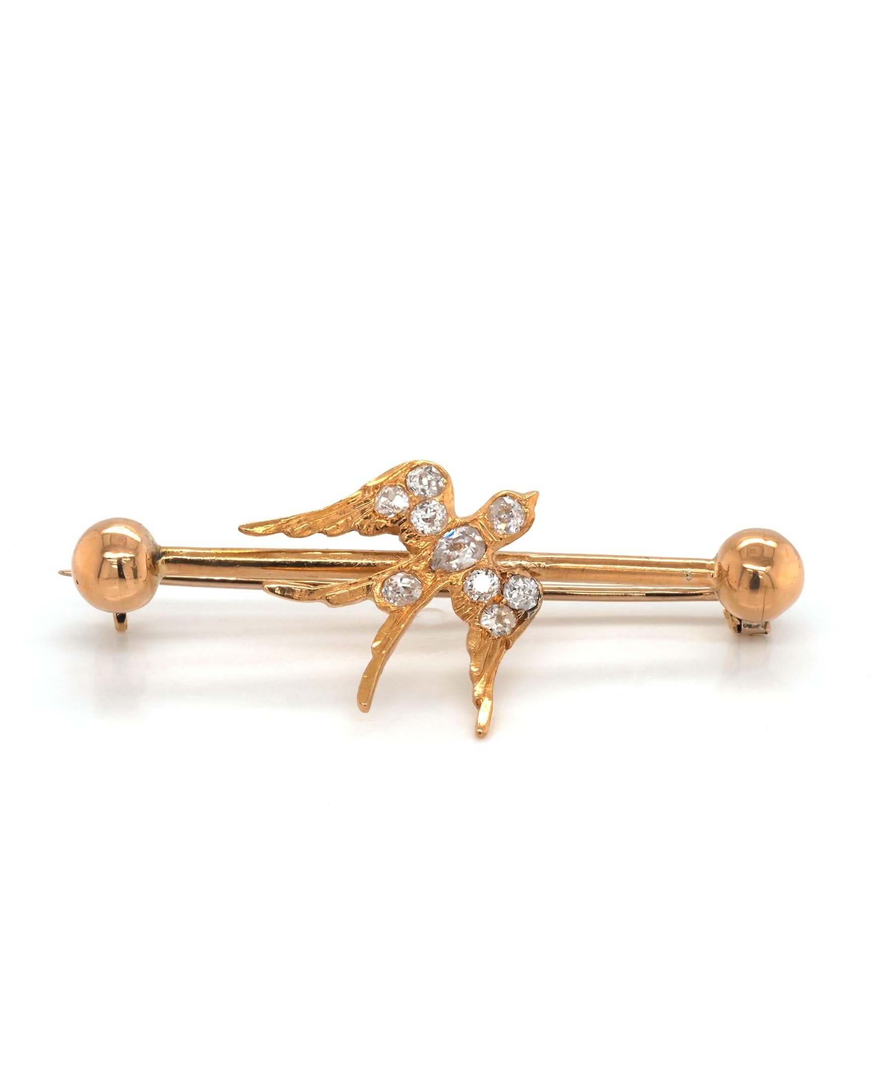 Ogden of Harrogate Jewellery Edwardian 15ct Yellow Gold Diamond Swallow Bar Brooch