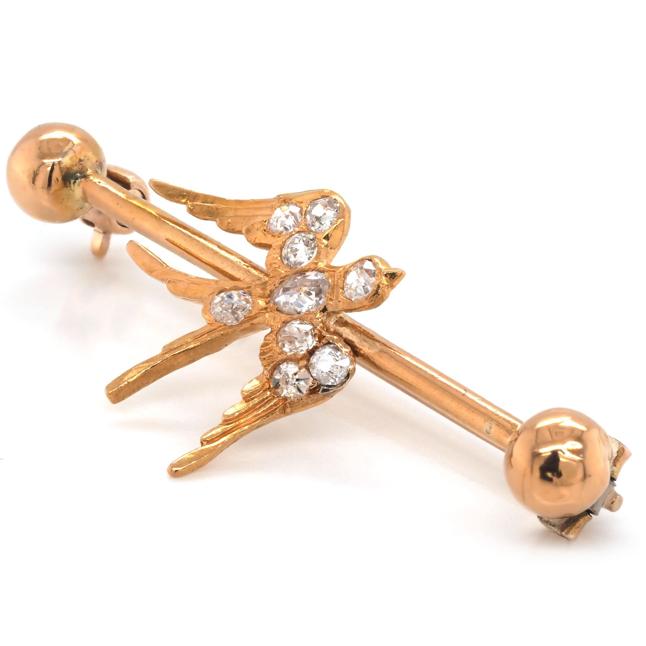 Ogden of Harrogate Jewellery Edwardian 15ct Yellow Gold Diamond Swallow Bar Brooch