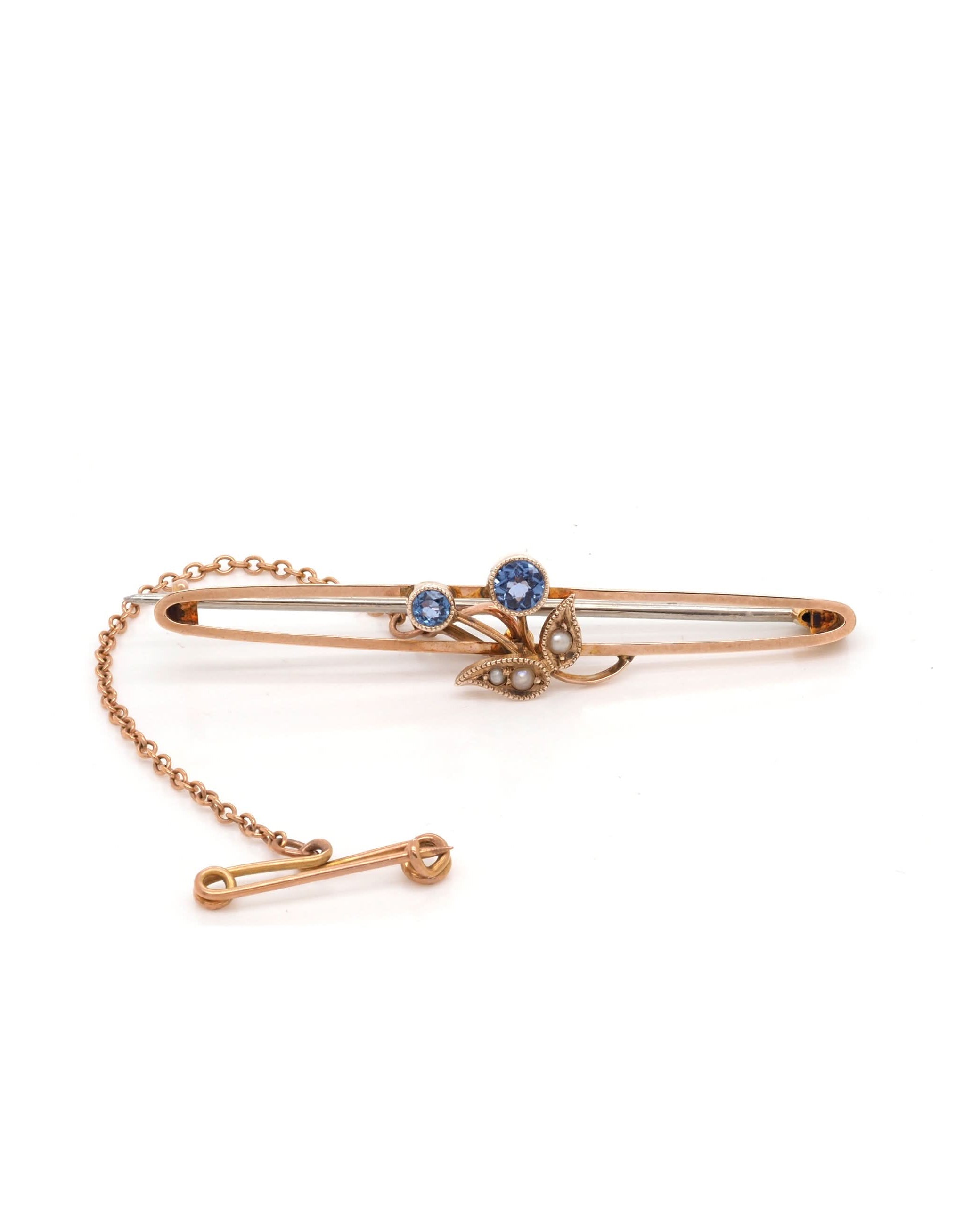 Ogden of Harrogate Jewellery Edwardian 15ct Yellow Gold Sapphire and Pearl Bar Brooch