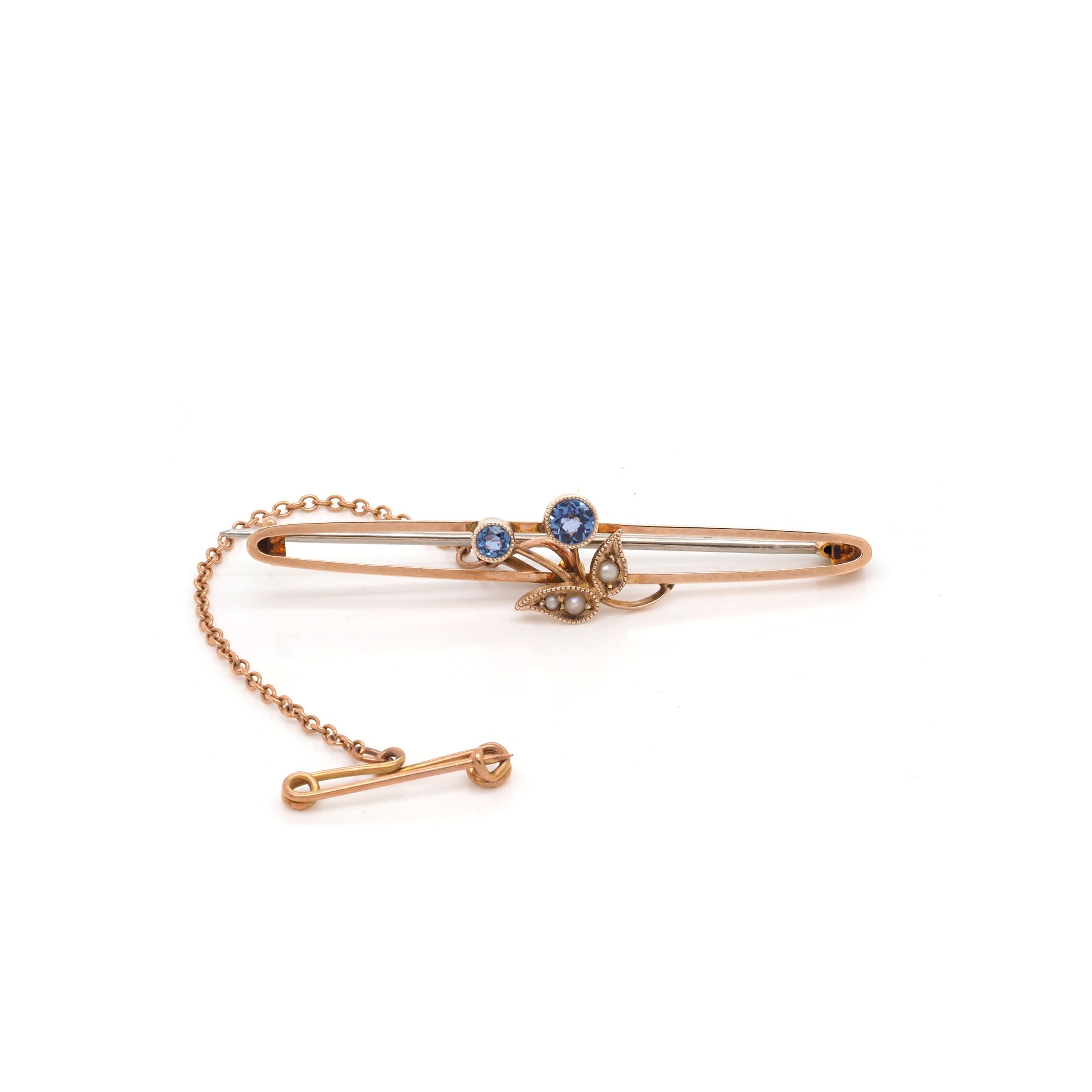 Ogden of Harrogate Jewellery Edwardian 15ct Yellow Gold Sapphire and Pearl Bar Brooch