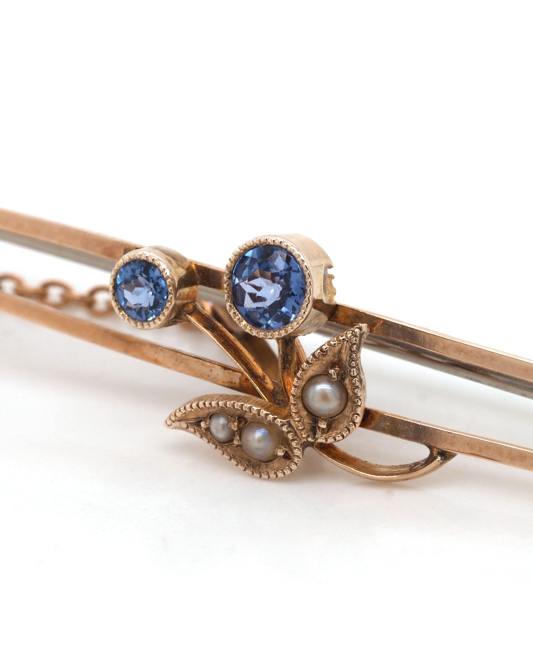 Ogden of Harrogate Jewellery Edwardian 15ct Yellow Gold Sapphire and Pearl Bar Brooch
