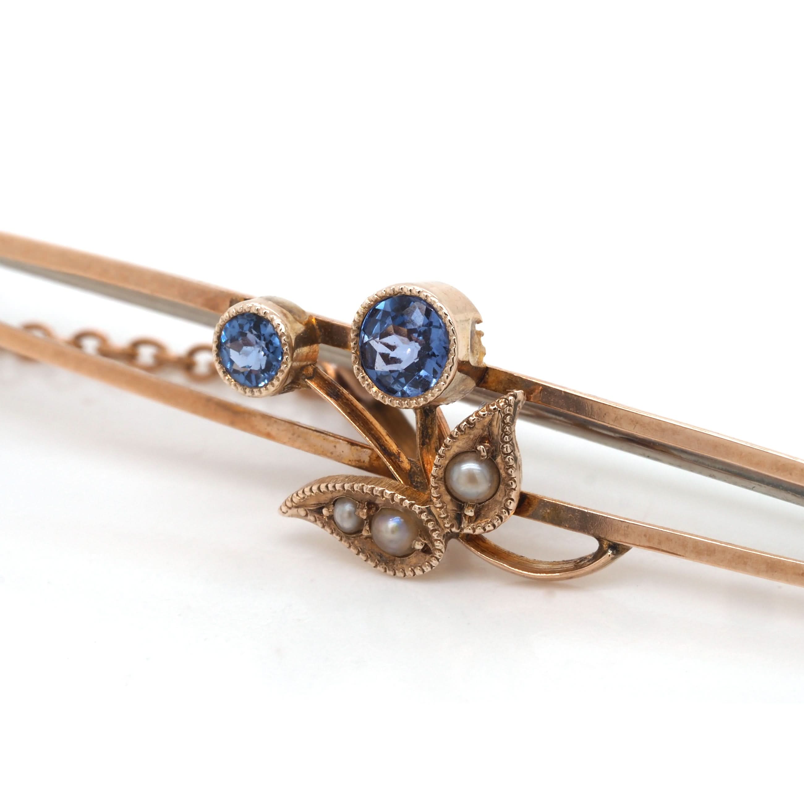 Ogden of Harrogate Jewellery Edwardian 15ct Yellow Gold Sapphire and Pearl Bar Brooch