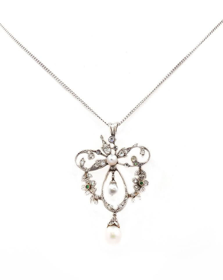 Ogden of Harrogate Jewellery Edwardian Platinum, Pearl, Emerald and Diamond Brooch / Pendant
