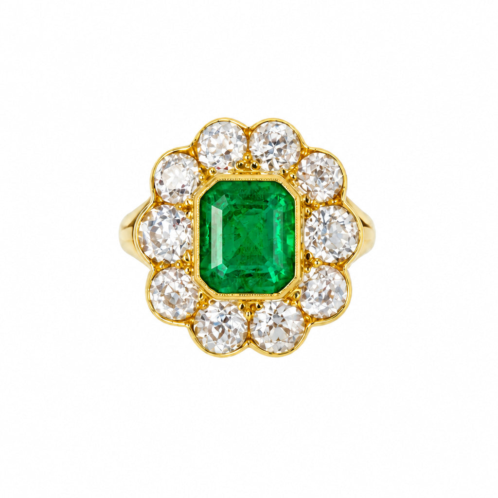 Ogden Of Harrogate Jewellery Emerald and Diamond Cluster Ring