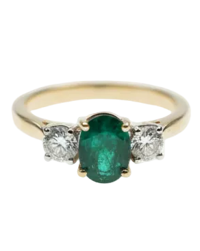 Ogden Of Harrogate Jewellery Emerald and Diamond Three-Stone Ring in 18ct Yellow Gold